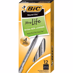 BIC Round Stic Xtra Life Ballpoint Pen  Medium Point (1.0mm)  Black  12-Count