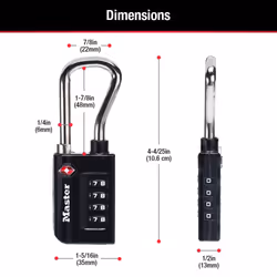 Master Lock Padlock  Set Your Own Combination TSA Accepted Luggage Lock  1-5/16 in. Wide  Black  4 pk  4696EC4