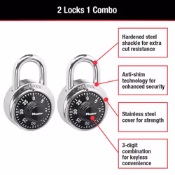 Combination Padlock, Ctr, Black/Silver, PK2