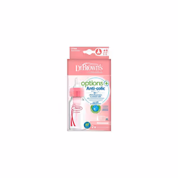 Dr. Brown's Natural Flow Anti-Colic Options+ Narrow Baby Bottle, 4oz/120ml, with Level 1 Slow Flow Teat, 2-Pack, Pink