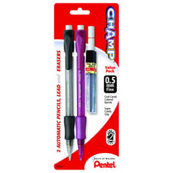 Pentel Champ Automatic Pencil with Lead and 2 Erasers  0.5mm  Assorted Barrels  2 Pack (AL15LEBP2)