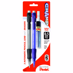Pentel Champ Automatic Pencil with Lead and 2 Erasers  0.5mm  Assorted Barrels  2 Pack (AL15LEBP2)