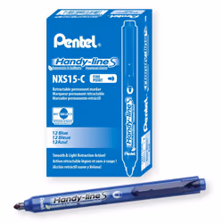 Pentel Handy-line S Retractable and Refillable Permanent Marker  Chisel Tip  Blue Barrel  Blue Ink  Box of 12 (NXS15-C)
