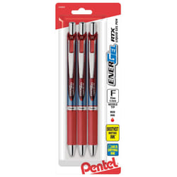 Pentel EnerGel RTX Retractable Liquid Gel Pens  Fine Point  0.5mm  54% Recycled  Assorted Barrel Colors  Red Ink  Pack Of 3 Pans
