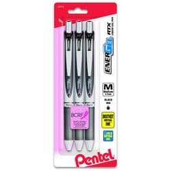 Pentel Pink BCA Ribbon Pentel EnerGel Deluxe RTX Retractable Liquid Gel Pen  0.7mm  Medium Line  Metal Tip  Silver Barrel  Black Ink  3 Pack (BL77ABP3
