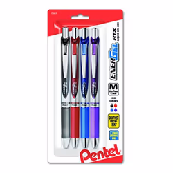 Pentel EnerGel RTX Retractable Liquid Gel Pen Medium Line Metal Tip Assorted Ink 4-Pk (BL77BP4M)