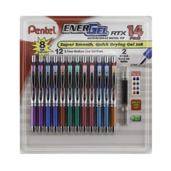 Pentel EnerGel RTX Retractable Metal Tip Pen  0.7mm  12 Assorted Colors with 2 Refills (BL77F14C)