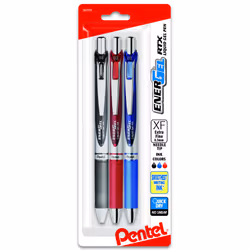 Pentel EnerGel RTX Retractable Liquid Gel Pen 0.3mm Needle Tip Extra Fine Line Assorted Ink 3-Pk BLN73BP3M