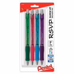 Pentel RSVP Super RT Ballpoint Pen  0.7mm Fine Line  Assorted Ink  DPSV  4-pk - BX477BP4M1