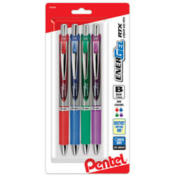 Pentel EnerGel RTX Retractable Liquid Gel Pen  (1.0mm) Metal Tip  Bold Line  Assorted Ink Colors (Red  Blue  Green  Violet)