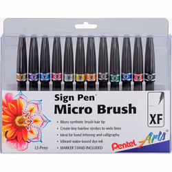 Pentel Arts Sign Pen Micro Brush Tip  Assorted Colors (A/B/C/D/E/F/G/N/P/S/V/Y)  12-PK Plastic Box (SESF30CPC12)
