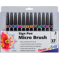 Pentel Arts Sign Pen Micro Brush Tip  Assorted Colors (A/B/C/D/E/F/G/N/P/S/V/Y)  12-PK Plastic Box (SESF30CPC12)