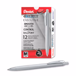 Pentel Glidewrite Executive Ballpoint Pen  (1.0mm) Medium Line  Silver Metal Barrel  Black Ink  Box of 12 (BX970Z-A)