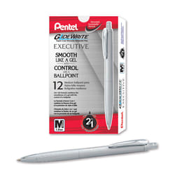 Pentel Glidewrite Executive Ballpoint Pen  (1.0mm) Medium Line  Silver Metal Barrel  Black Ink  Box of 12 (BX970Z-A)