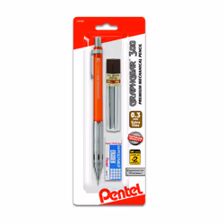 Pentel Arts GraphGear 300 Mechanical Pencil  0.3mm Extra-fine line  Orange Barrel  w/small block eraser + 1 lead tube