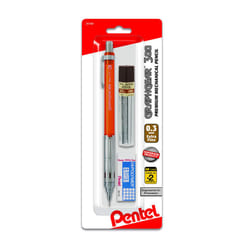 Pentel Arts GraphGear 300 Mechanical Pencil  0.3mm Extra-fine line  Orange Barrel  w/small block eraser + 1 lead tube