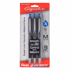 Pentel Glidewrite Signature Ballpoint Pen (1.0mm) Medium Black Barrel Blue Ink Pack of 3 (BX930ABP3C)