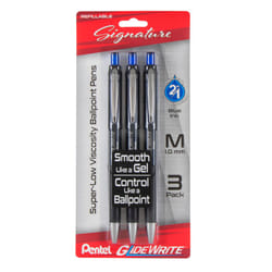 Pentel Glidewrite Signature Ballpoint Pen  (1.0mm) Medium  Black Barrel  Blue Ink  Pack of 3 (BX930ABP3C)
