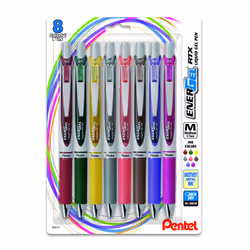 EnerGel RTX Retractable Liquid Gel Pen  (0.7mm) Medium Line  Metal Tip  Assorted Ink  8 Pack (BL77BP8M3)