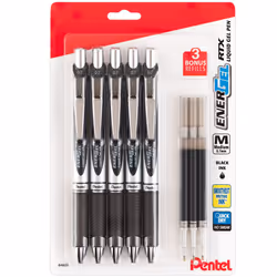 Pentel EnerGel Liquid Gel Ink Pens 0.7 mm - Pack of 5 Black Deluxe RTX Pens with 3 Refills
