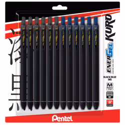 Pentel Energel 0.7 Kuro Gel Pen - Medium Line - 12 Pack Of 6 Black & 6