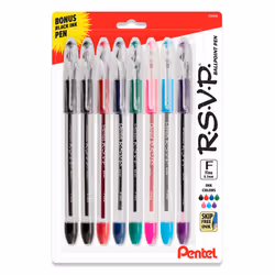 Pentel RSVP Original Ballpoint Pen 07mm Fine Line Assorted Ink Colors Clear Barrel 8 Pack with Bonus Black Ink Pen