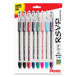 Pentel RSVP Original Ballpoint Pen  07mm Fine Line  Assorted Ink Colors  Clear Barrel  8 Pack with Bonus Black Ink Pen