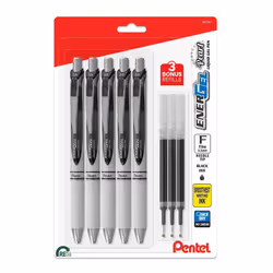 Pentel Energel Rtx Retractable Pearl Pens - Needle Tip - Fine Point  0.5 mm - Energel Liquid Gel Ink Pens  Pack of 5 + 3 Refi ...