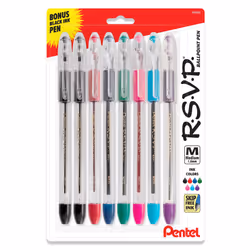 Pentel RSVP Original Ballpoint Pen (1.0mm) Medium Line Assorted Ink Colors Clear Barrel 8 Pack with Bonus Black Ink Pen