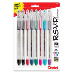 Pentel RSVP Original Ballpoint Pen  (1.0mm) Medium Line  Assorted Ink Colors  Clear Barrel  8 Pack with Bonus Black Ink Pen
