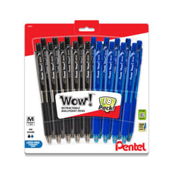 Pentel Wow! Retractable Ballpoint Pen - Black And Blue Ink Pens Medium Point - 1.0mm - 18 pack (9 Black & 9 Blue) - Triangle Pens - Model Wow Bk440