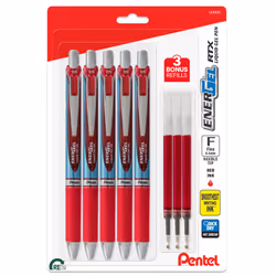Pentel Energel Deluxe RTX 0.5 mm Red Needle Tip Pens - Retractable Liquid Gel Pen Set - Pack of 5 + 3 Refills