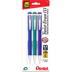 Pentel Twist Erase III Premium Mechanical Pencils 0.5 mm - 3 Pack Assorted Barrels (Green  Blue  & Violet)