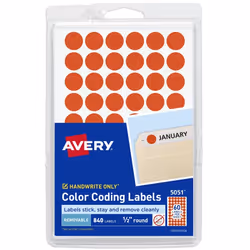 Avery 5051, Red, Circle, Removable, 60 pc(s), 14 sheets, 1.27 cm
