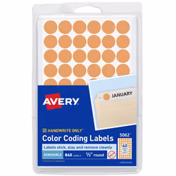 Avery 5062, Orange, Circle, Removable, 60 pc(s), 14 sheets, 1.27 cm