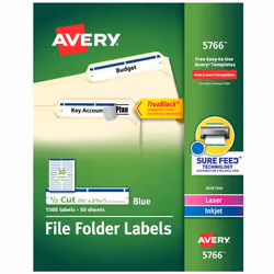 Avery 5766, Blue, White, Self-adhesive printer label, Laser/Inkjet, Permanent, Rectangle, 8.73 cm