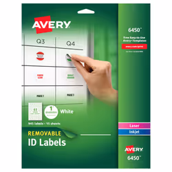 Avery 6450, White, Circle, Removable, Universal, Laser/Inkjet, 63 pc(s)