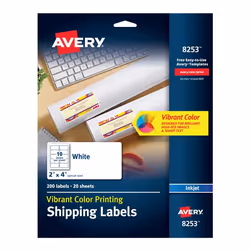 Avery 8253, White, Self-adhesive printer label, Inkjet, Permanent, Universal, Rectangle