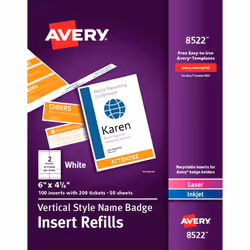 Avery 08522, Badge insert, White, 100 pc(s), 108 mm, 152 mm