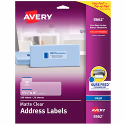 Avery 08662, Self-adhesive label, Transparent, Inkjet, Matt, Permanent, Rectangle