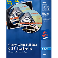 Avery 08944, White, Round, Permanent, CD/DVD, Gloss, Inkjet