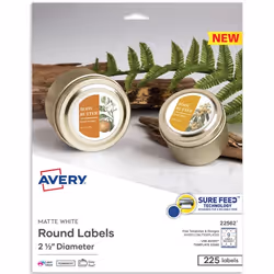 Avery 22562, White, Self-adhesive printer label, Laser/Inkjet, Permanent, Matte, Universal