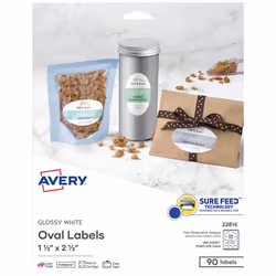 Avery 22814, White, Oval, Permanent, 38.1 x 63.5, Gloss, Laser/Inkjet