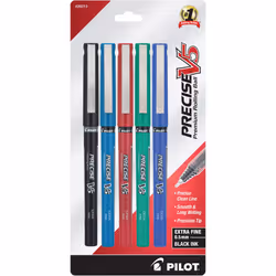 PILOT Precise V5 Stick Liquid Ink Rolling Ball Stick Pens Extra Fine Point (0.5mm) Black/Blue/Red/Green/Purple Inks 5-Pack ...