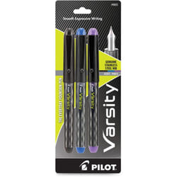 Pilot Varsity Disposable Fountain Pens  Medium Pen Point  Black  Blue  Purple  Black Barrel  3 / Pack