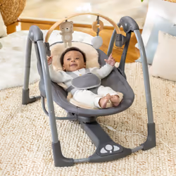 Ingenuity Every Season Swing 'n Go Portable Swing - Cooling and Warming Fabrics  Detachable Sustainable Wooden Bar  Music  Motorized Swing  for Ages 0