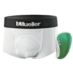 MUELLER Athletic Support Brief with Flex Shield Cup  White/Green  Peewee Large