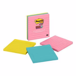 Post-It Super Sticky Notes, 4 in. x 4 in., Miami collection, 3 Pads/Pack, 70 Sheets/Pad, Lined, Square, Blue, Pink, Yellow, P ...