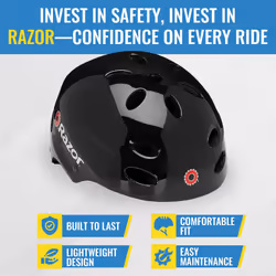 Razor V17 Youth Skateboard Scooter Bike Sport Helmet  Glossy Black 97778