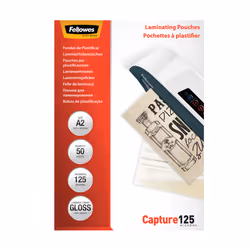 Fellowes A2 Glossy 125 Micron Laminating Pouch - 50 pack, Transparent, Plastic, A2, 594 mm, 428 mm, 12 mm